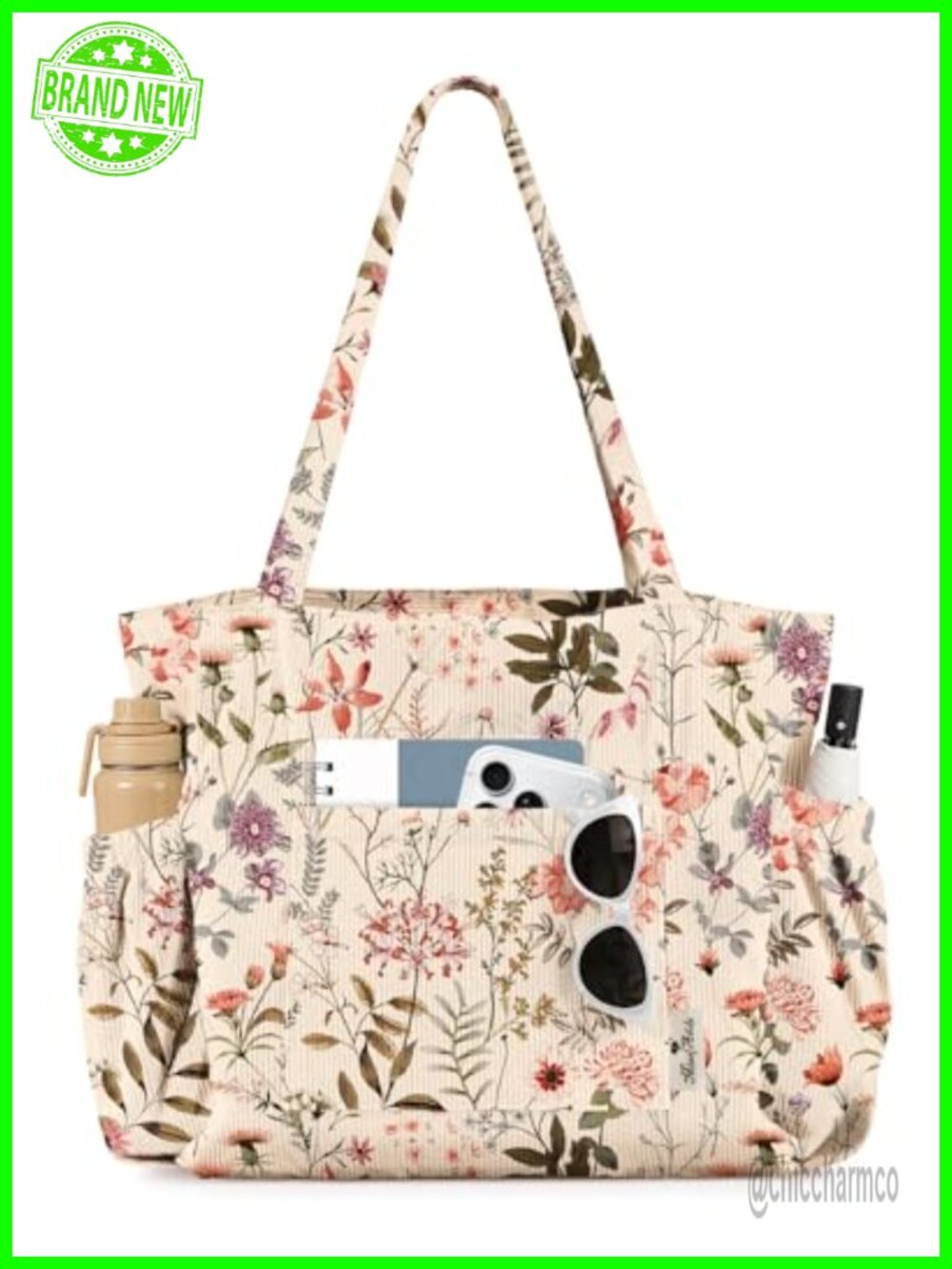 Corduroy Tote Bag Women Multi-Pocket Zipper Shoulder Bag Floral Print Large